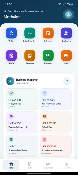 Distribook admin mobile app showing today's sales and payments received