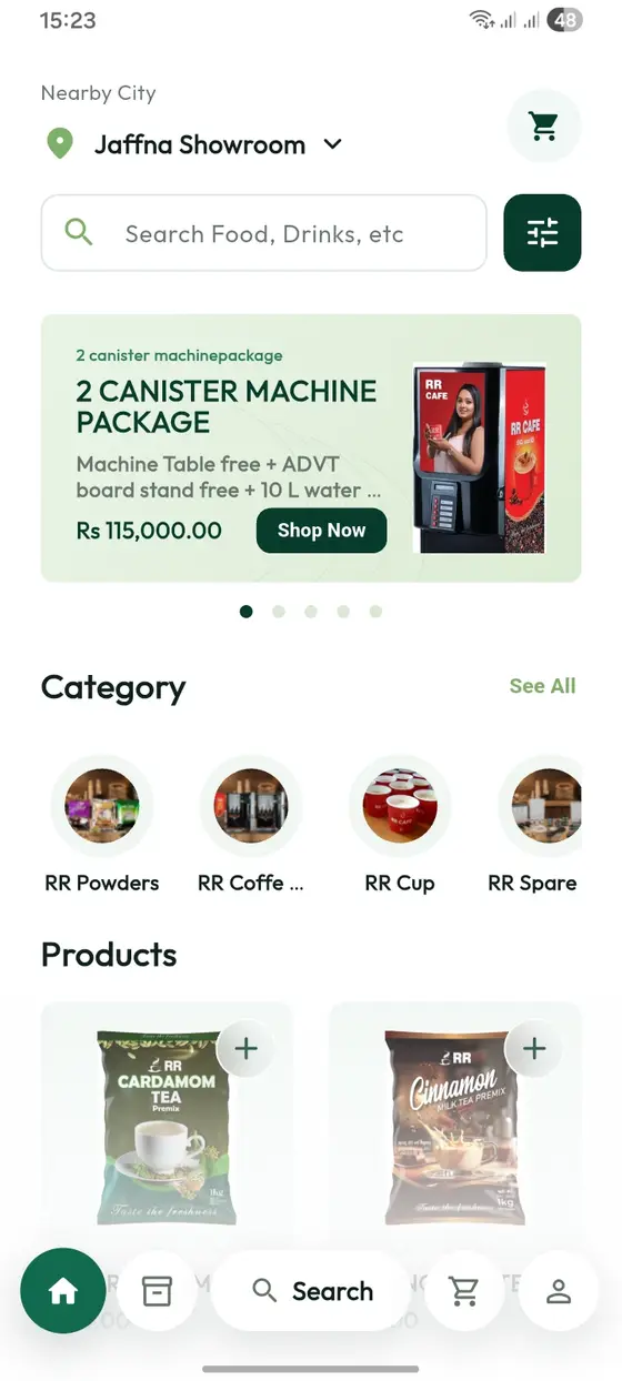 Mobile app product listing with categories and search in a Distribook e-commerce store