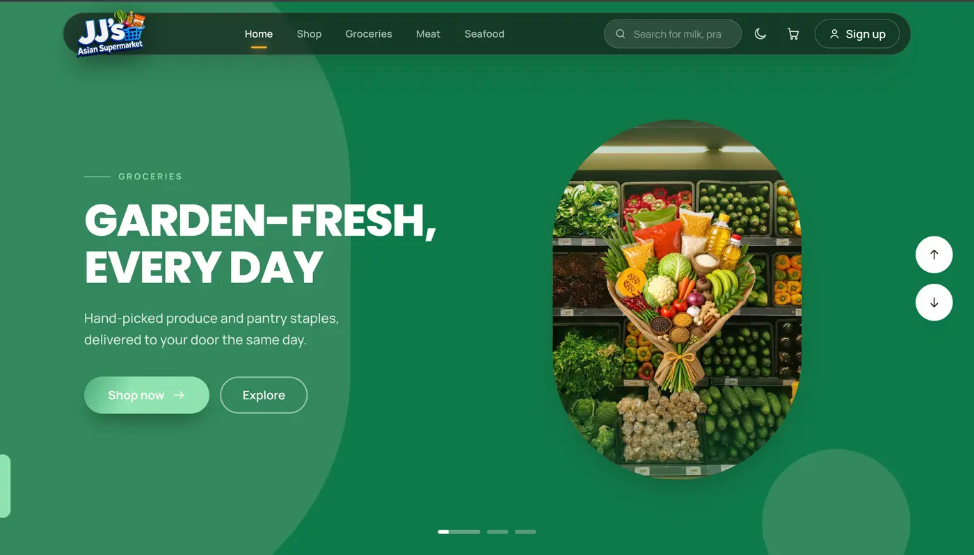 E-commerce homepage of an online supermarket in Australia, built on Distribook, showing the groceries category and same-day delivery
